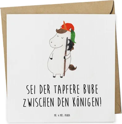 Produktbild von Mr. & Mrs. Panda Grußkarte Einhorn Junge - Weiß - Geschenk, Unicorn, Klappkarte, Einhörner, Glückwunschkarte, anlasskarte, Bube, doppelkarte, faltkarte, Mittelalter