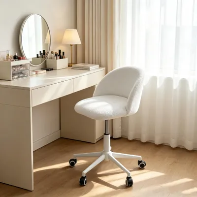 Produktbild von 1xKlein Schreibtischstuhl,Schminkstuhl aus Sherpa,Homeoffice Bürostuhl,Drehstuhl höhenverstellbar für Arbeitszimmer, Schlafzimmer bis 110kg Weiß