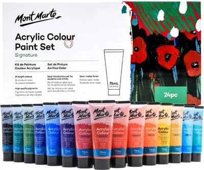 Produktbild von Mont Marte Acrylfarben Set SIGNATURE – 24 Stück x 75 ml Tuben – Ideal für Acrylmalerei – Brillante Lichtechte Farben mit großer Deckkraft