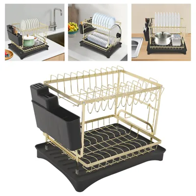 Obrázek produktu pro Dvoupatrový odkapávač na nádobí 42*30*29cm Odkapávací stojan na nádobí (černý+zlatý)