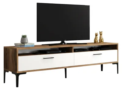 Produktbild von Fernsehschrank Dkumbull, Ständer für Wohnzimmerfernseher, Niedriges Wohnzimmer-Sideboard, TV-Ständerbasis, 47x35h180 cm, Walnuss und Weiß