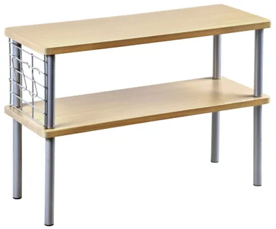 A two-tiered shelf unit with a light wood finish and silver metal legs and supports.