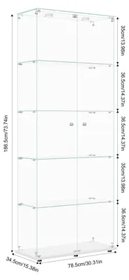 Zdjęcie produktu dla Szafka witryna - szklana witryna z oświetleniem LED punktowym - 2 drzwi - zamek - 5 półek - 78,5 x 34,5 x 186,5 cm - biały