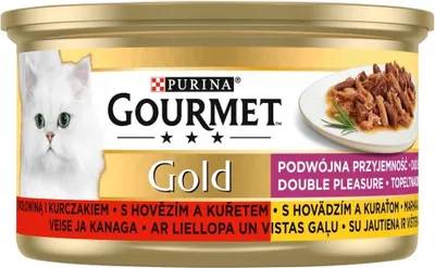 Zdjęcie produktu dla Gourmet Gold Wołowina z kurczakiem kawałki na parze w sosie - mokra karma dla kota - 85 g