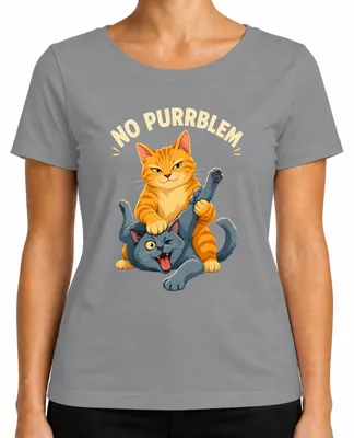 Immagine prodotto di T-shirt da donna, colore grigio, taglia XL, con scritta "No Purrblem" e immagine di gatti che litigano, stile sarcastico e umoristico