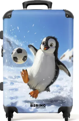 Produktbild von NoBoringSuitcases.com Kinder Koffer Mittelgroß 67x43x25 cm, 72L, Fröhliche Drucke für Kinder: Blau - Pinguin spielt Fußball, Reisekoffer mit 4 Rollen