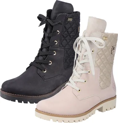 Two women's boots, one black and one pink, are shown side-by-side against a white background.