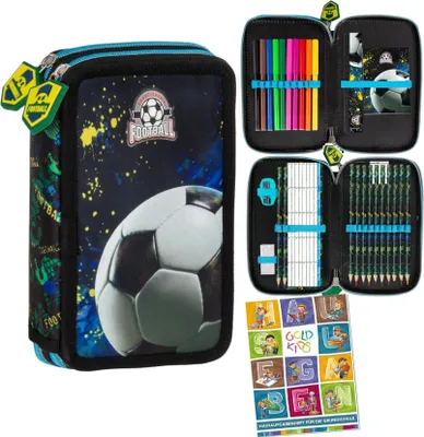 Produktbild von Goldkids - Federmäppchen 2 Fächer - Mäppchen für Mädchen und Jungen - Federmappe 2-Fach Federtasche Gefüllte Schüleretui Schulmäppchen - Fußball Motiv