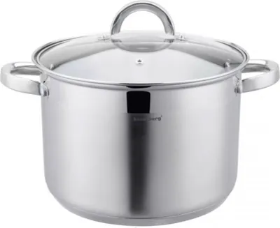 A stainless steel cooking pot with a glass lid and handles, shown from the front on a white background.