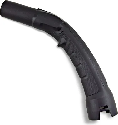 A black plastic vacuum cleaner hose attachment on a white background.