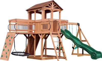 Produktbild von Backyard Discovery Sterling Point Spielturm aus Holz XXL | Spielplatz für Kinder mit Schaukeln / Rutsche / Sandkasten / Kletterwand / Nestschaukel | Spielhaus / Kletterturm mit Brücke für den Garten