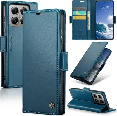 Immagine prodotto di Custodia per Xiaomi 14T, carta di blocco RFID, custodia in pelle avanzata con funzione di supporto Blu
