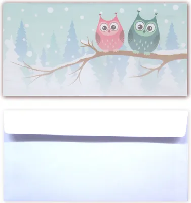 Produktbild von 25 Stück Premium Briefumschläge (UMS-5138) DIN lang (110 X 220mm) Eulen im Winter im Schnee auf Ast sitzend grün weiss rote Briefhüllen Kuvert, ohne Fenster, haftklebend, 80g/m²