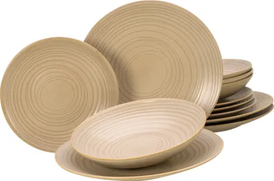 A set of stoneware dishes with a spiral pattern.