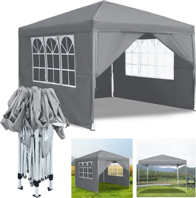 Produktbild von LZQ 3x3m Faltpavillon Pavillon Faltbar mit 4 Seitenwänden, Gartenpavillon Gartenzelt, wasserdicht, UV-Schutz, Partyzelt, inkl .Tasche, Grau