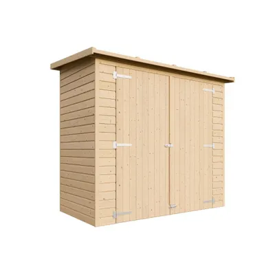A wooden garden shed with double doors, shown against a white background.