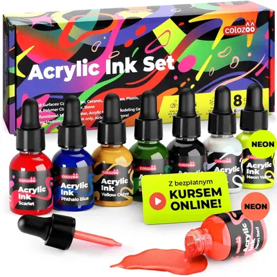 Produktbild von Colozoo Acryl Tinte Set 8x20ml – Hochpigmentierte Acrylic Ink wasserfest für Airbrush & Gießkunst inkl. Neon Farben