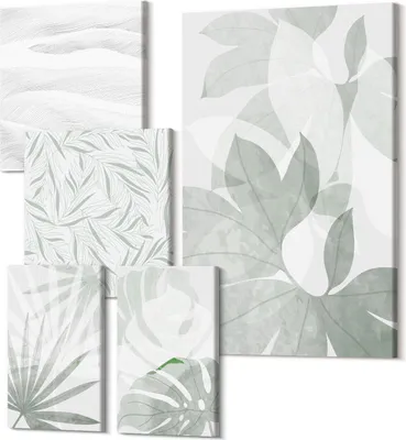 Produktbild von Leinwandbilder Mehrteilig 5-teilig – Modernes Design – Hochwertiger Polycanvas Kunstdruck – Wanddekoration & Wandkunst – Bilder für Zuhause – 2x 30x30 cm + 2x 20x30 cm + 1x 40x60 cm – Pflanzenmotive in zarten Grüntönen