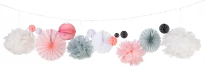 Produktbild von heimtexland ® Party Deko Set Pompoms Papier Lampions Wabenbälle Dekoration Hochzeit Taufe Geburtstag Girlande Hängedeko Typ863 Rosa Grau 20 Teile