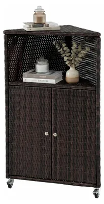 Produktbild von KOMFOTTEU Eckschrank Outdoor, Rattan Aufbewahrungsschrank mit 3 Ablagen, 2 Türen und feststellbaren Rollen, mobiler Gartenschrank mit Metallrahmen, kleiner Rollschrank für Terrasse, Garten, Poolbereich