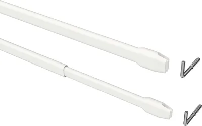 Two white telescopic curtain rods with two L-shaped hooks and screws.