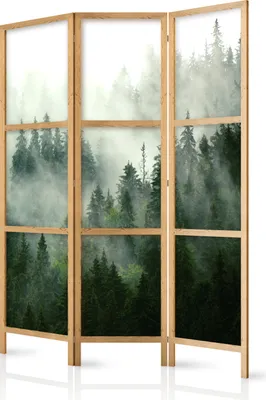 Produktbild von Paravent Wald Nebel Natur 135x171 cm - 3-teilig - einseitig - eleganter Sichtschutz - Raumteiler - Trennwand - Raumtrenner - Holz - Design Motiv - Deko - Japan c-B-0443-z-b