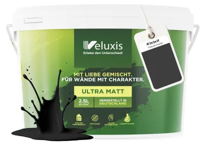 Produktbild von Wandfarbe Schwarz Anthrazit Grau Matt Innenfarbe – Deckkraft Klasse 1, VOC-frei, Ohne Grundierung, Tropfarm – Wohnzimmer & Schlafzimmer – 2,5L – Veluxis (Casual Caviar)