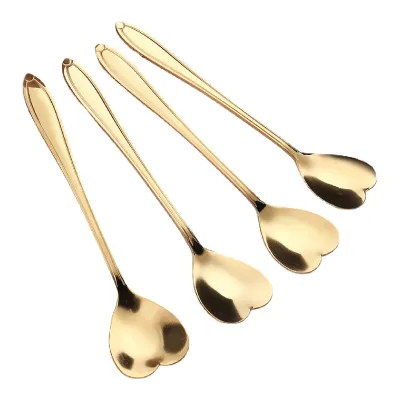 Produktbild von 4pcs/Set schöne Blumenform Kaffeelöffel langer Griff Ergonomisch Edelstahl Dessertlöffel für Zuhause-Golden