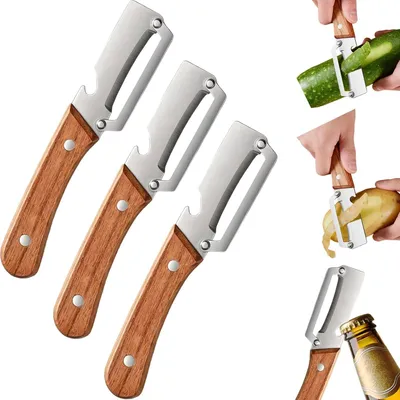 Produktbild von Sparschäler 3 Stück, Edelstahl, Holzgriff, mit Flaschenöffner, für Küche