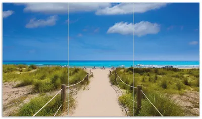 Produktbild von Wallario Herdabdeckplatte aus Glas, Größe 90 x 52 cm 3-teilig, Motiv Sandweg zum blauen Meer mit blauem Himmel