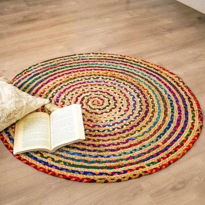 Zdjęcie produktu dla Okrągły dywan Unyqoos® w kolorach, ręcznie wykonany z juty i bawełny typu "chindi", średnica 122 cm – dwustronny, idealny do salonu i kuchni