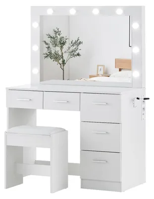 Obrázek produktu pro Kosmetický stolek s LED zrcadlem (3 barvy), 5 zásuvkami, taburetkou a zásuvkami, rozměry 92x45x140 cm