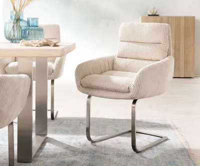 Produktbild von DELIFE Freischwinger Abelia-Flex mit Armlehnen Cord Beige Freischwinger flach Edelstahl