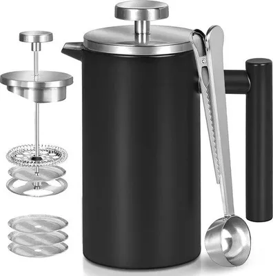 Produktbild von Kaffee-Filter-Presse, 1 Liter, isolierte, doppelwandige Französisch-Presse, 3 Filter und Löffel, für Zuhause, Camping und Büro, schwarz