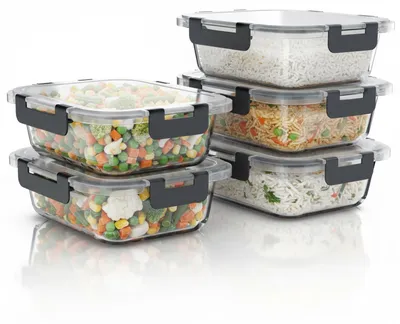 Produktbild von Arendo Frischhaltedosen 5er Set, Vorratsdosen aus Borosilikatglas je 1040 ml, Klickverschluss mit Silikondichtung, luftdicht, auslaufsicher, backofenfest, transparent/schwarz