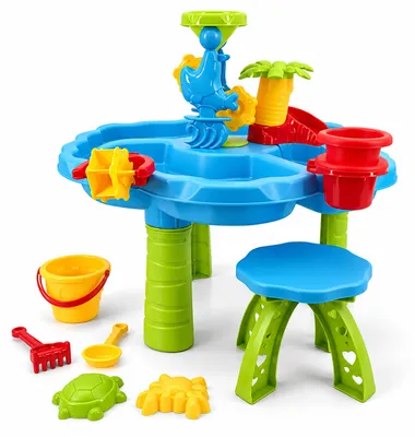 Imagen del producto de Relaxdays, mesa de juegos con agua, 3 compartimentos, muchos accesorios, dimensiones: 38x60x60 cm, cocina de barro para agua y arena, plástico, de colores, Imagen generada por IA