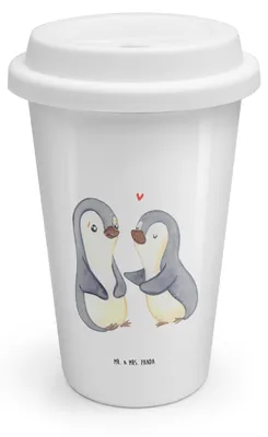 Produktbild von Mr. & Mrs. Panda Kaffeebecher To Go Pinguine trösten - Weiß - Geschenk, Thermobecher, Jahrestag, Hochzeitstag, für Frauen, Freundin, Freund, ToGo, Isolierbecher