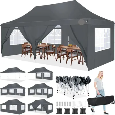 Immagine prodotto di Tenda pop-up grigia per feste, dimensioni 3x6 metri, con 6 pareti laterali, impermeabile e con protezione UV