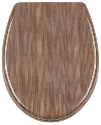 A top-down view of a toilet seat with a wood grain pattern.