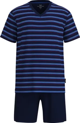 Produktbild von GÖTZBURG Herren Schlafanzug, kurz - Shorty, V-Ausschnitt, gestreift, Baumwolle, Pyjama Blau M