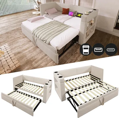Productafbeelding van Polsterto Daybed, 90x200 cm, met uitschuifbed, 3 USB- en 2 Type-C-aansluitingen, 2 bekerhouders, open opbergvakken en verstelbare armleuningen, beige