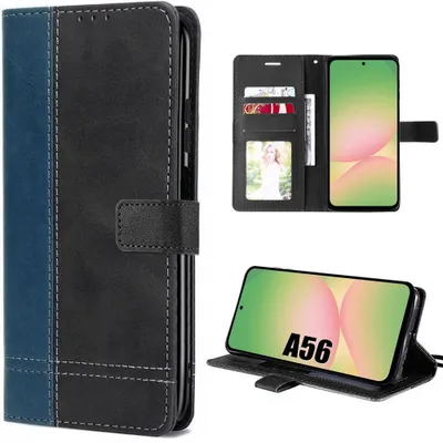 Image de Coque pour Samsung Galaxy A56 5G, Protection Rabat Cuir Synthétique Antichoc Bicolore Bleu Foncé/Noir