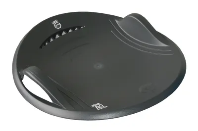 A black plastic sled on a white background.