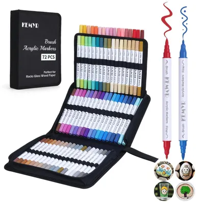 Zdjęcie produktu dla Zestaw 72 flamastrów akrylowych, wodoodpornych, do użytku na kamieniu, drewnie, szkle i papierze, z podwójną końcówką (pędzel + precyzyjna)