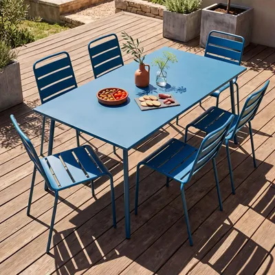 Immagine prodotto di Tavolo da giardino e 6 sedie in metallo blu pacifico - Oviala Palavas