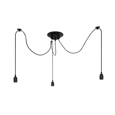 A black pendant light fixture with three adjustable cords and sockets, suspended from a black ceiling canopy.