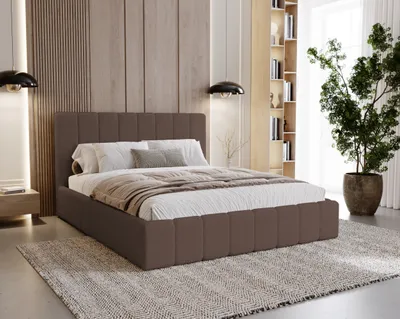 Zdjęcie produktu dla BESILIO Łóżko tapicerowane Boucle 120x200 Lexy - stelaż listwowy, wezgłowie, pojemnik, łóżko slim - Brązowy