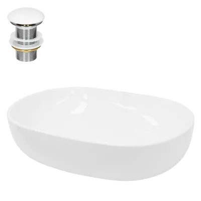 Obrázek produktu pro LuxeBath umyvadlo Oválné umyvadlo na desku, 60x42x14,5 cm, bílé, z keramiky, včetně odtokové soupravy bez přepadu