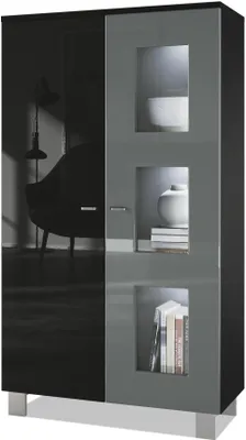 Produktbild von Vladon Vitrine Denjo,  Germany, Standvitrine mit 2 Türen und 3 Glaseinsätzen, Schwarz matt/ Schwarz Hochglanz/ Grau Hochglanz, inkl. LED-Beleuchtung (71 x 129 x 35 cm)