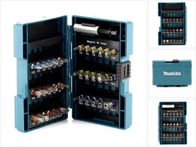 A teal Makita bit set case is open, showing various bits organized inside. The case is also shown closed in smaller inset images.